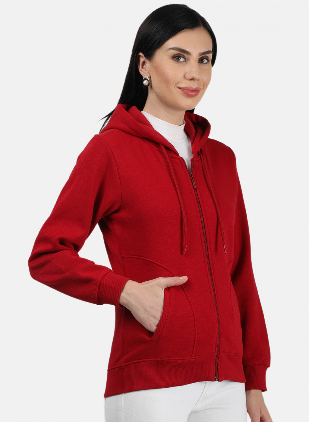 Women Red Plain Sweatshirt