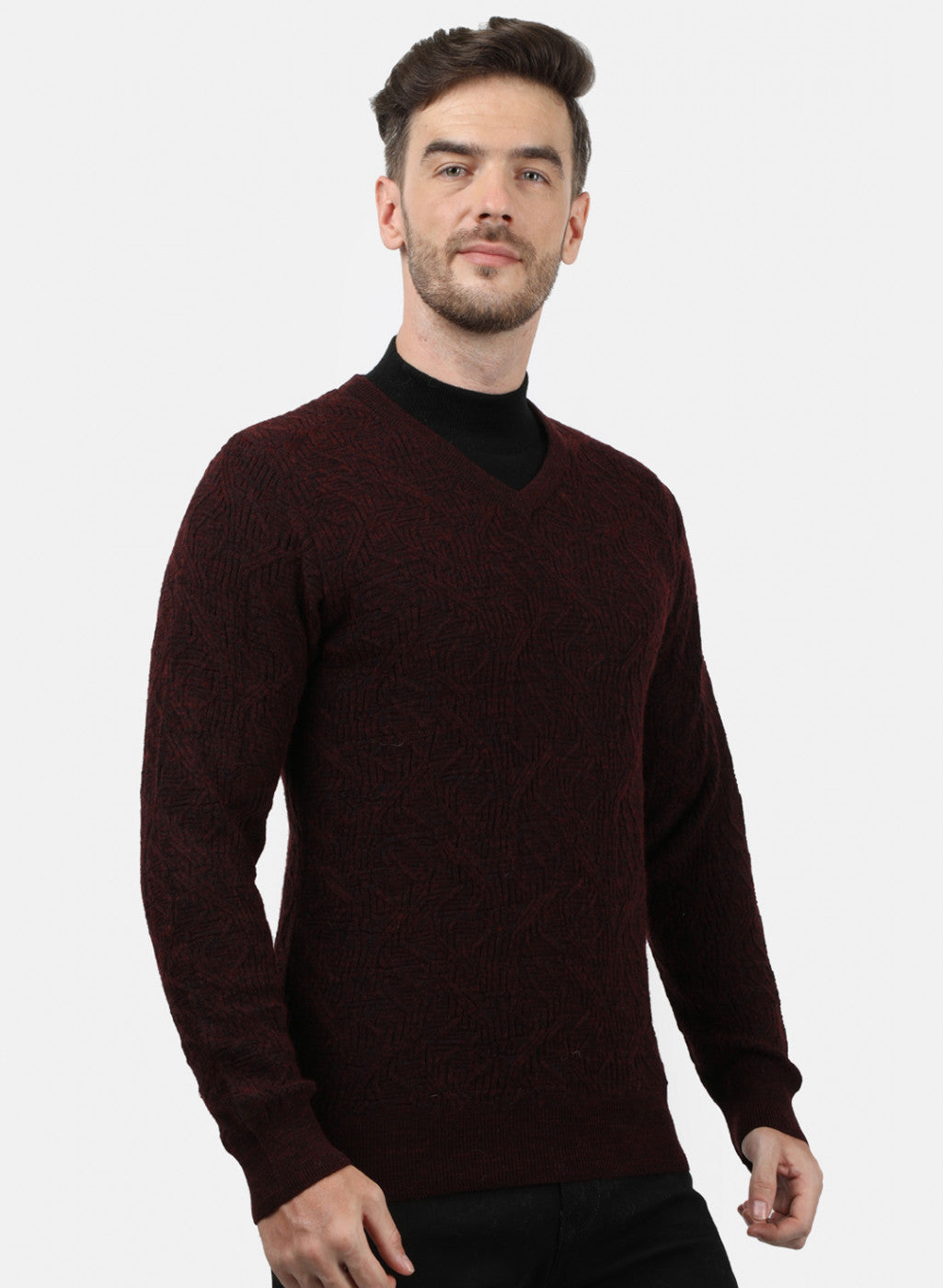 Men Maroon Self Pullover