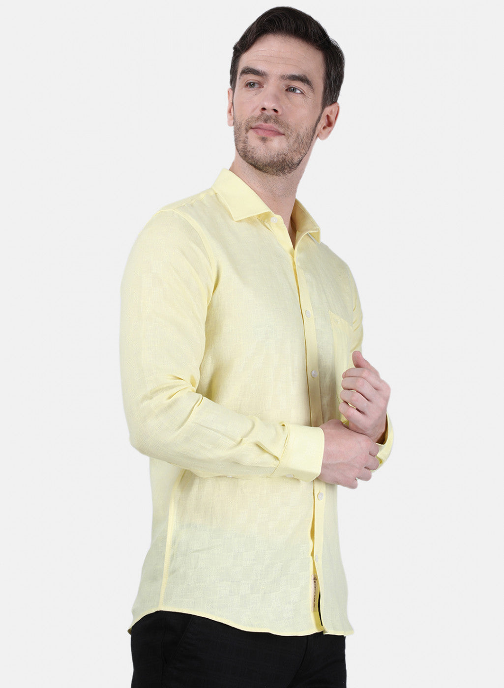 Mens Yellow Self Linen Shirt