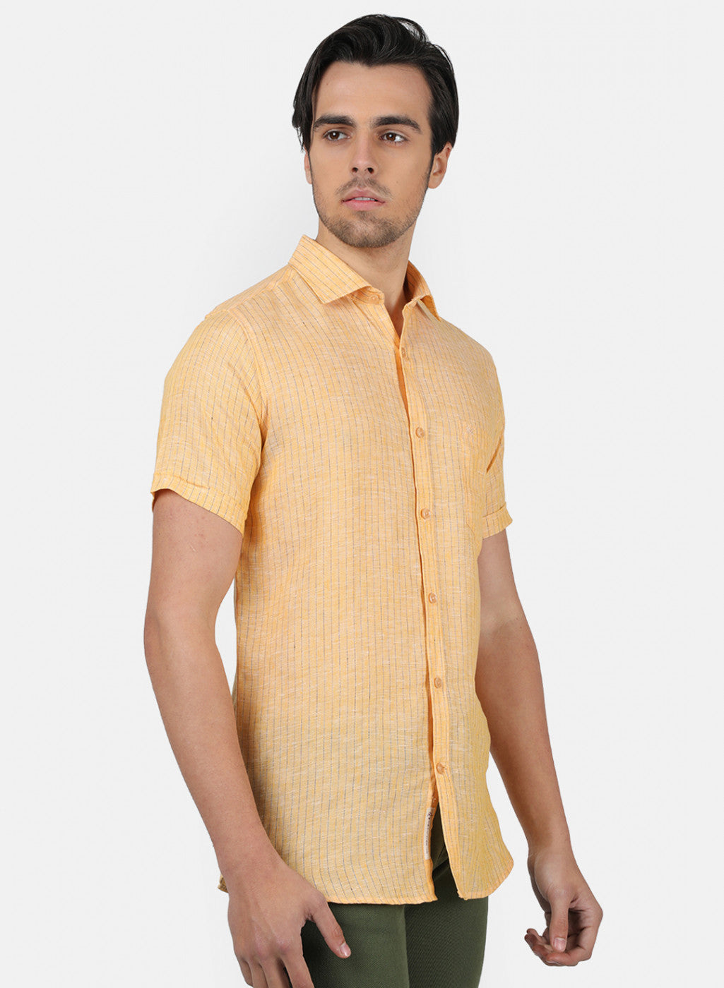 Men Yellow Stripe Linen Shirt