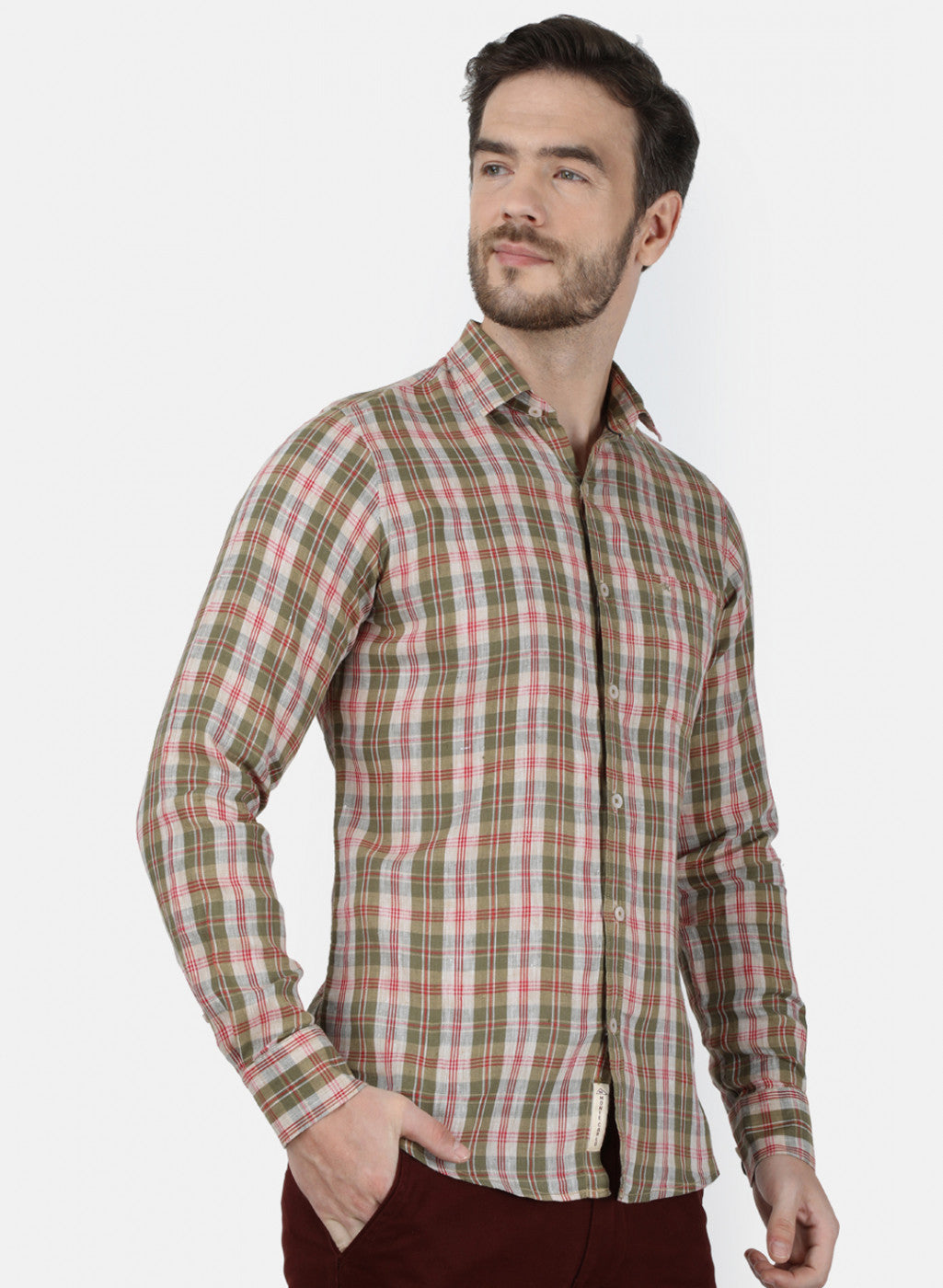 Mens Olive Check Linen Shirt