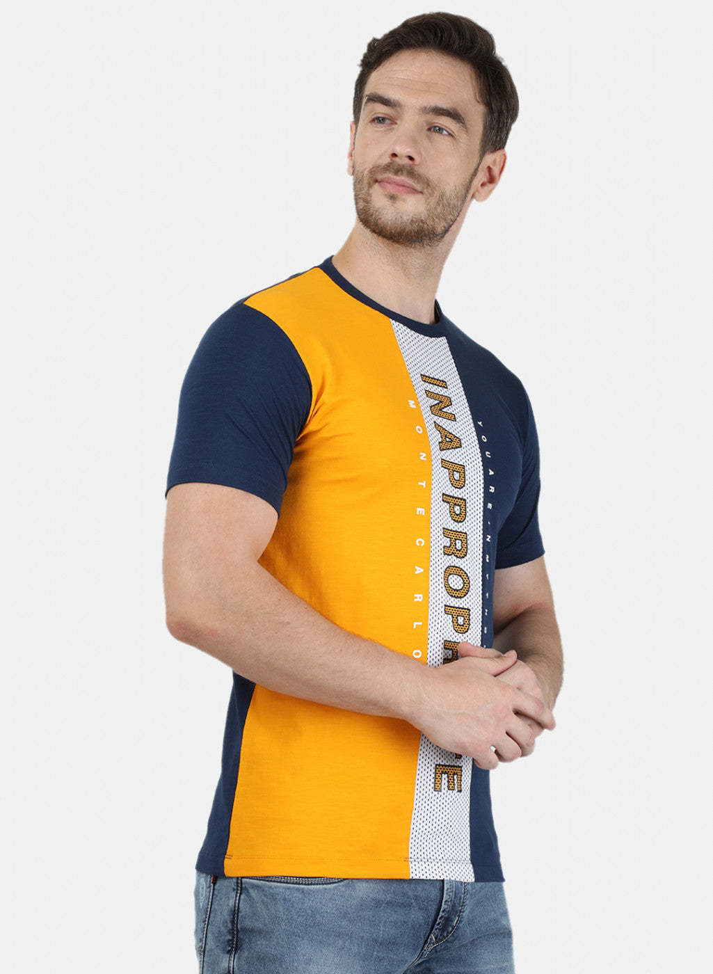 Mens Mustard Printed Round Neck T-Shirts