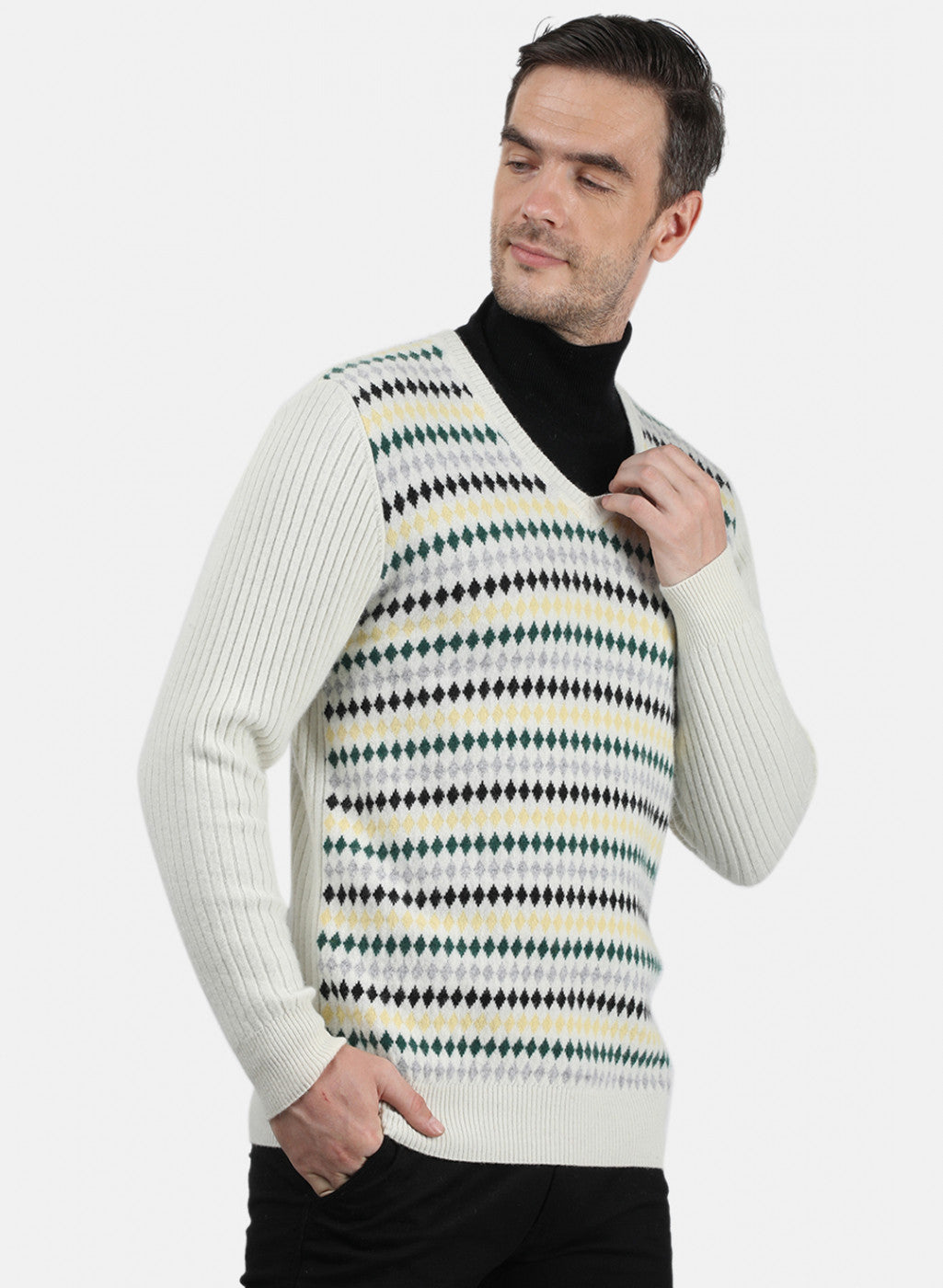 Men Off White Solid Pullover