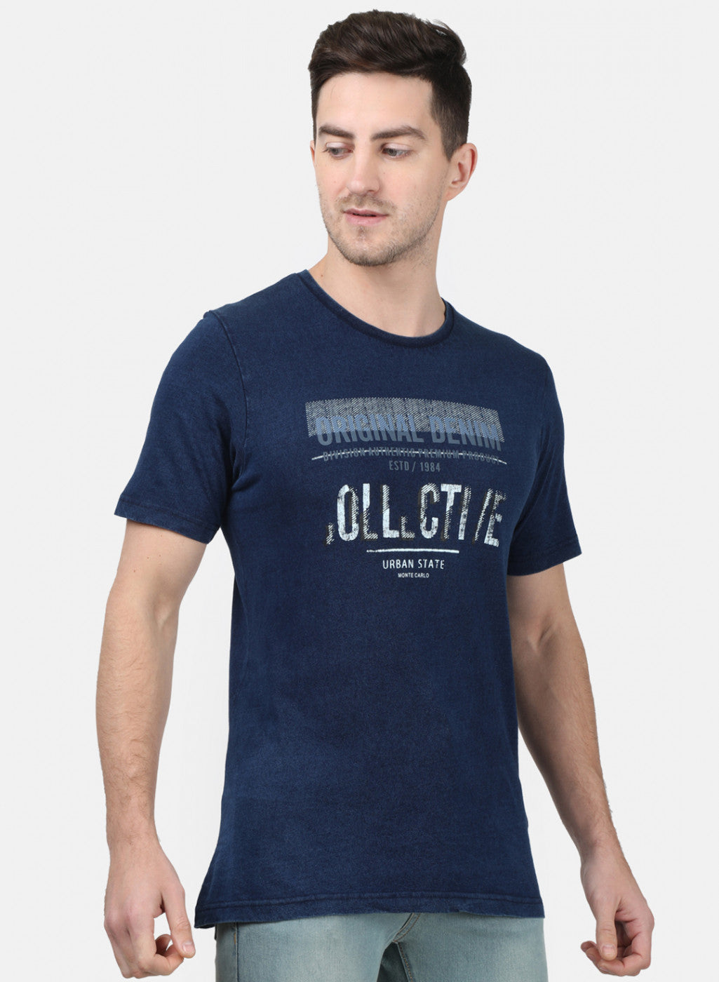 Mens Blue Self T-Shirt