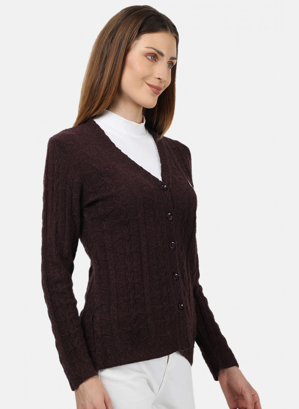 Women Purple Self Design Cardigan