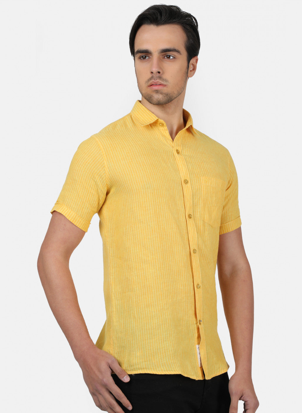 Men Yellow Stripe Linen Shirt