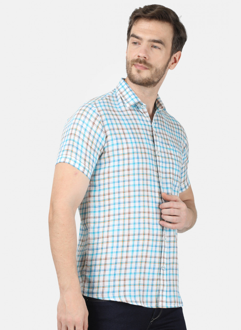 Mens Blue Check Linen Shirt