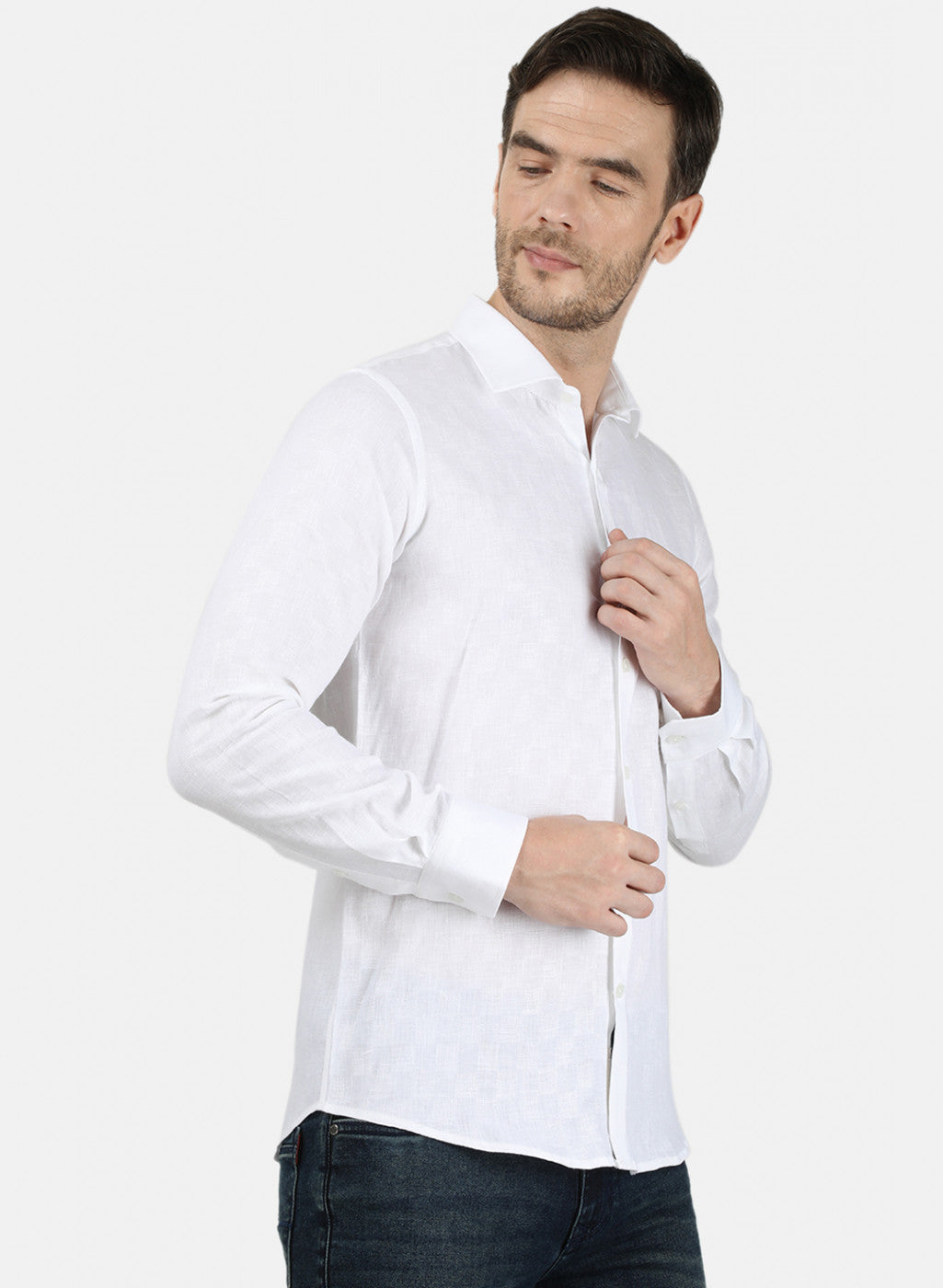 Mens White Self Linen Shirt