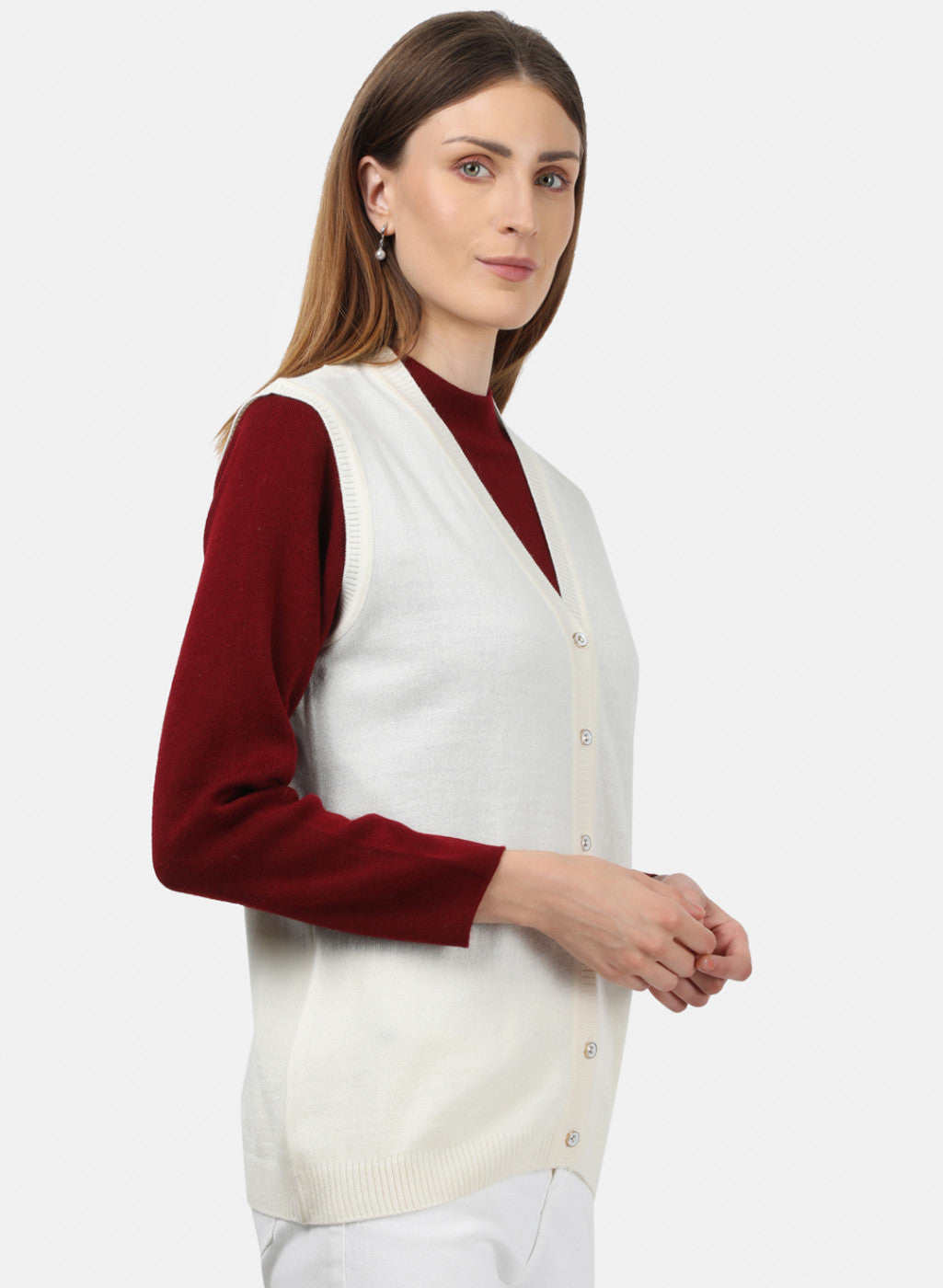 Women Off White Solid Cardigan