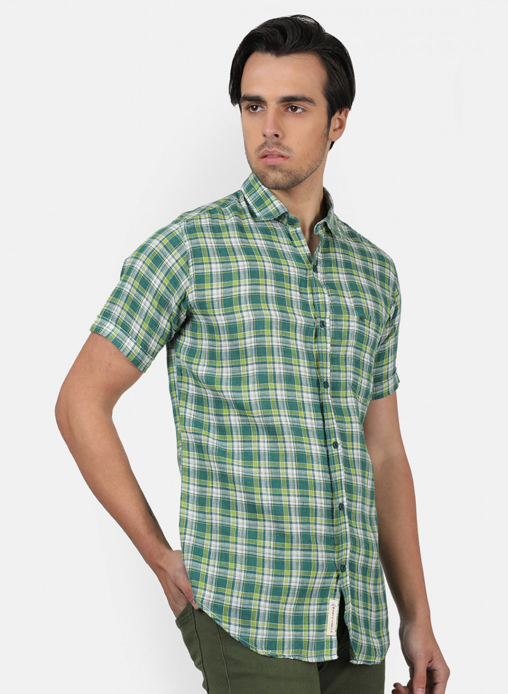 Men Green Check Linen Shirt