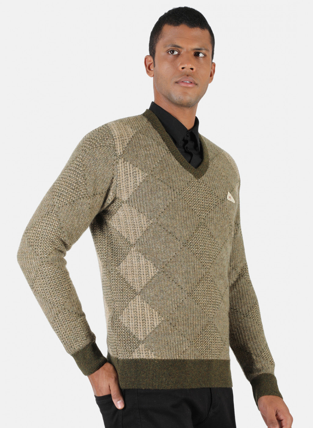 Men Brown & Green Solid Pullover