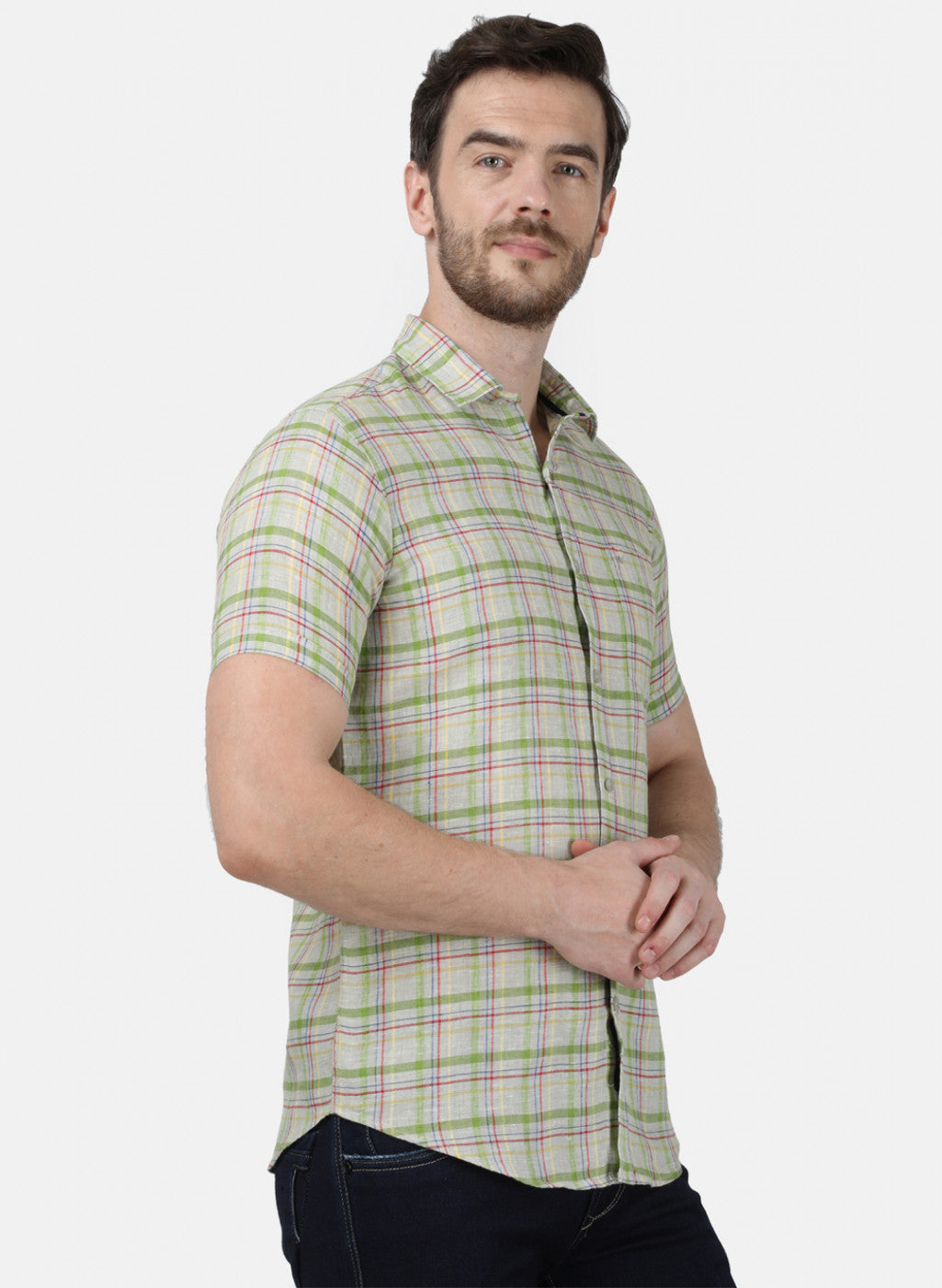 Mens Olive Check Linen Shirt