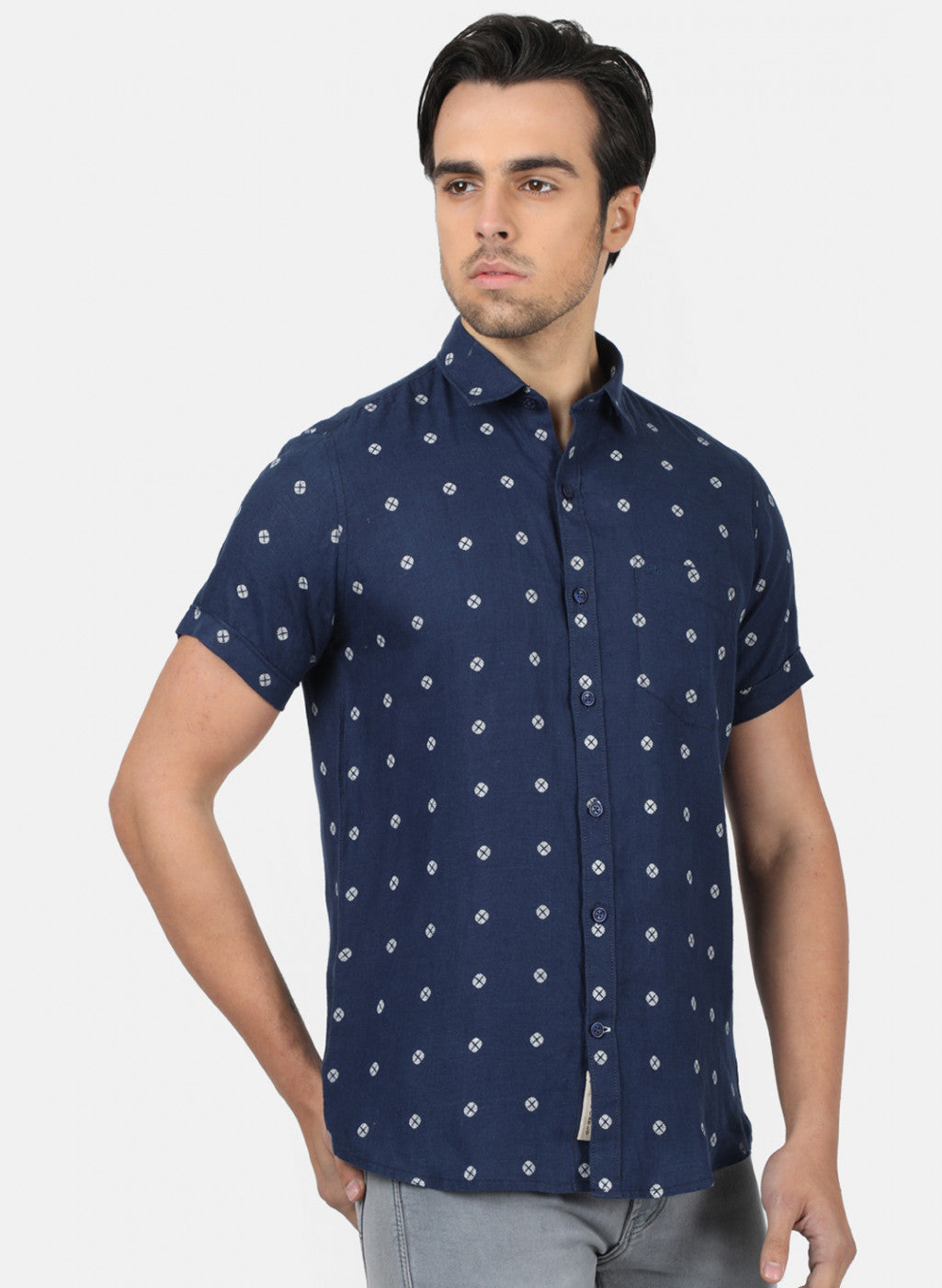 Men NAvy Blue Printed Linen Shirt