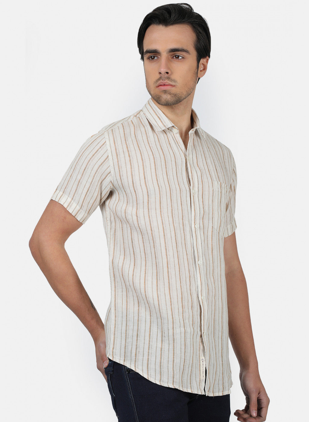 Men Brown Stripe Linen Shirt