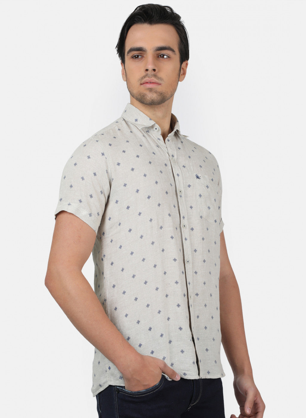 Men Grey Printed Linen Shirt
