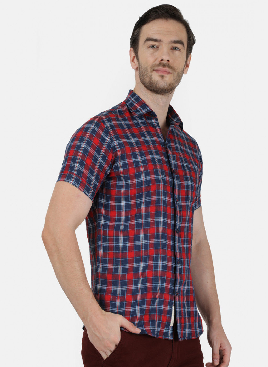 Mens Maroon Check Linen Shirt