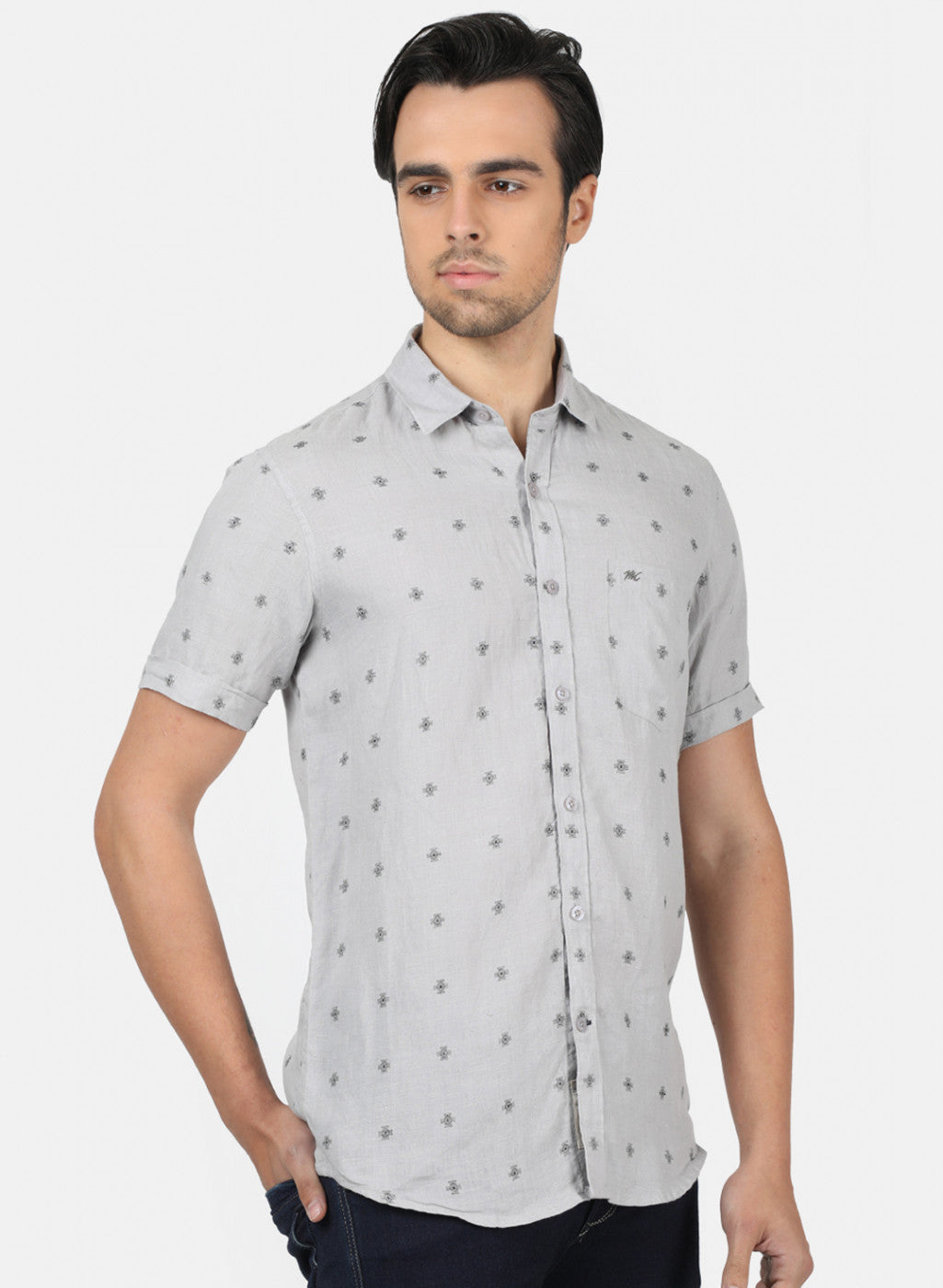 Men Grey Printed Linen Shirt