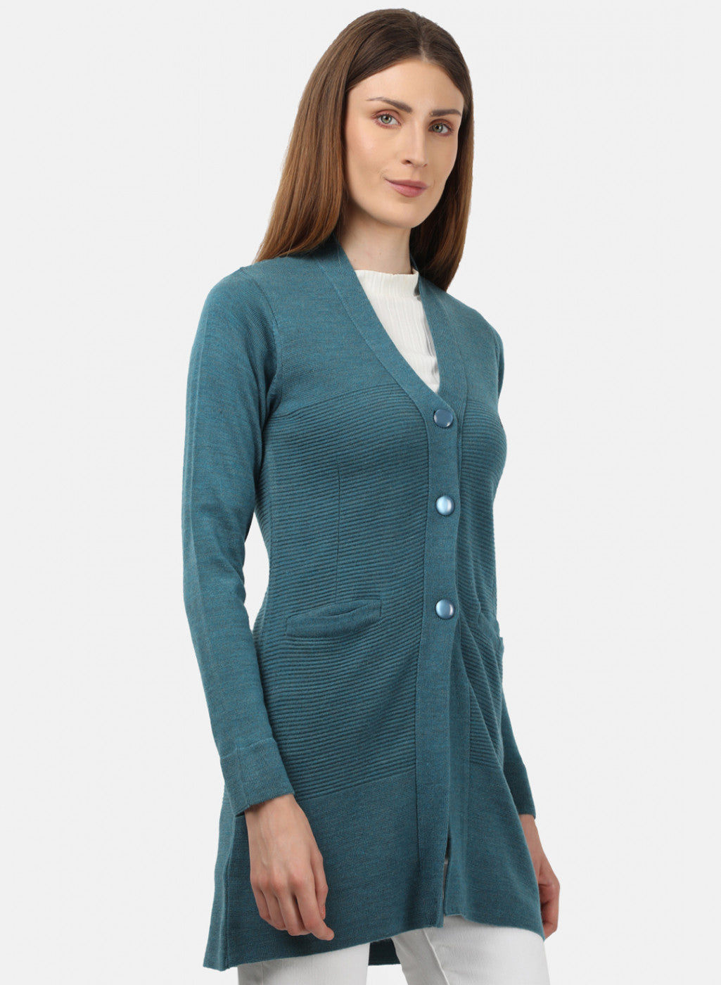 Women Blue Self Design Cardigan