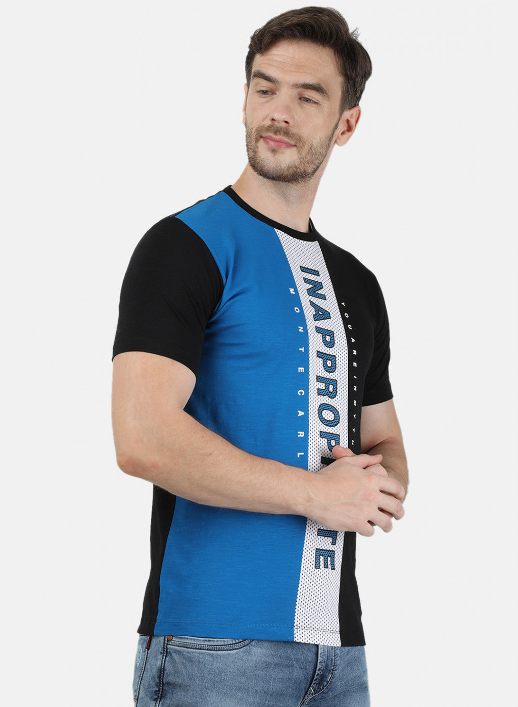 Mens Blue Printed Round Neck T-Shirts