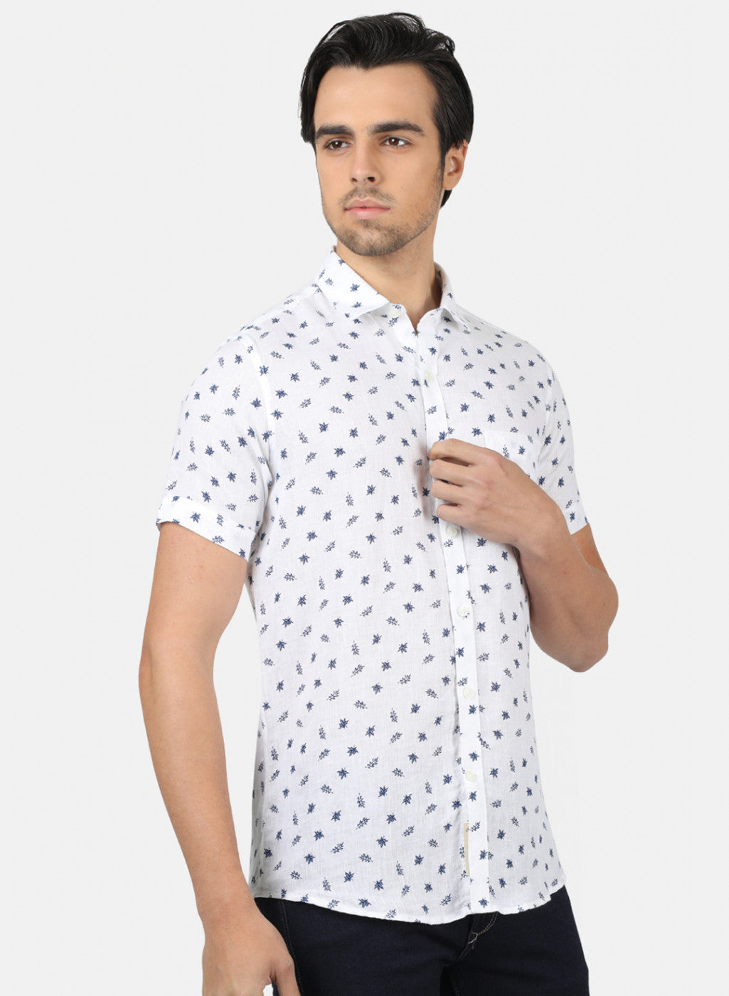 Men White Printed Linen Shirt