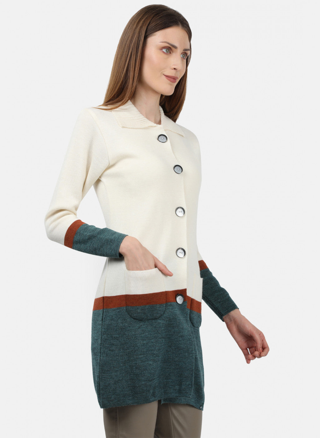 Women Off White Solid Cardigan