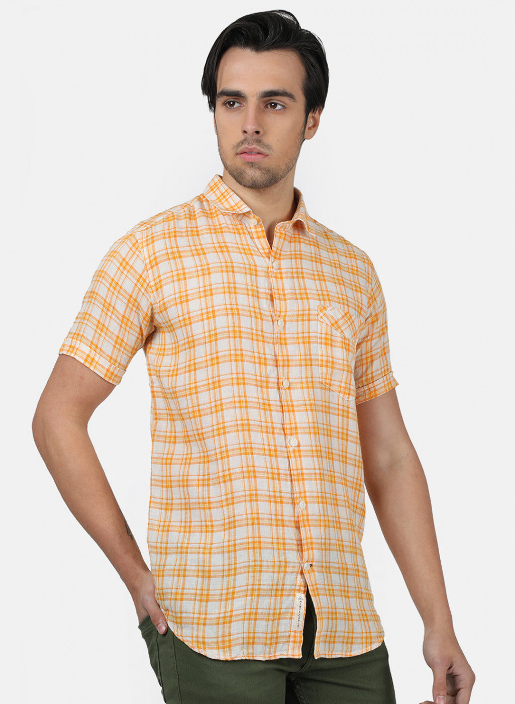 Men Orange Check Linen Shirt