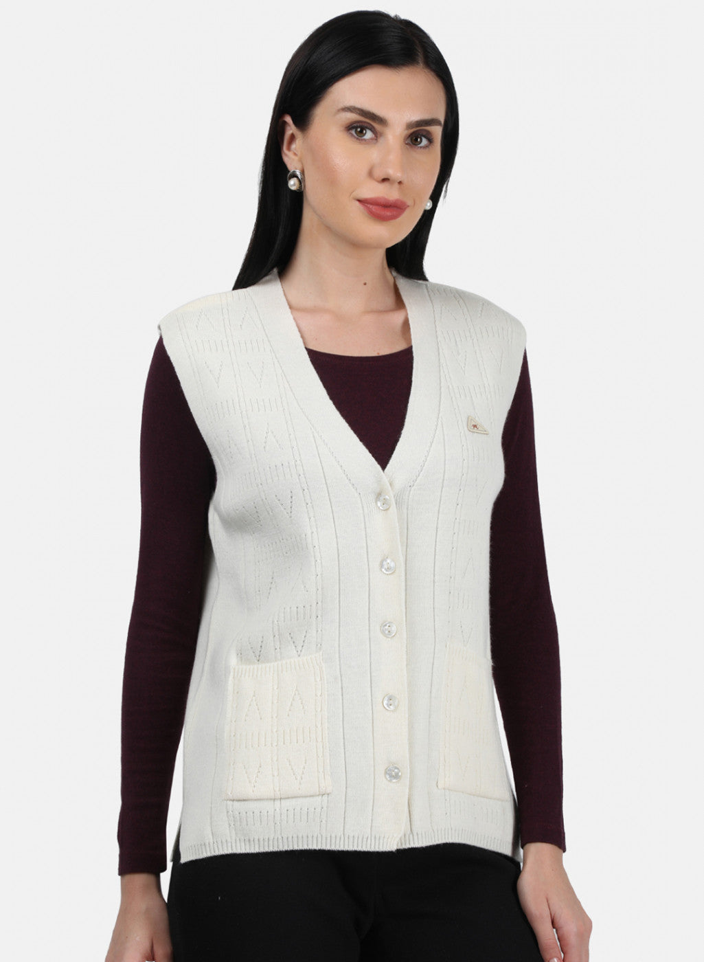 Women Off White Self Design Cardigan