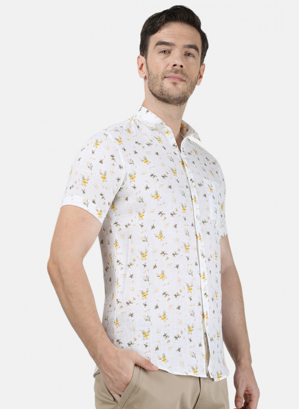 Mens Yellow Printed Linen Shirt