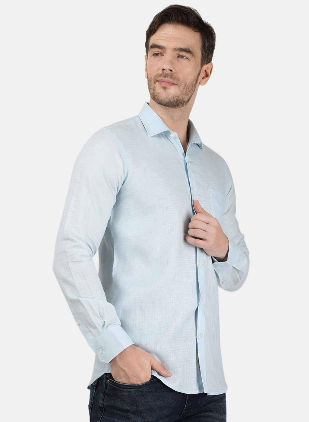 Mens Sky Blue Self Linen Shirt
