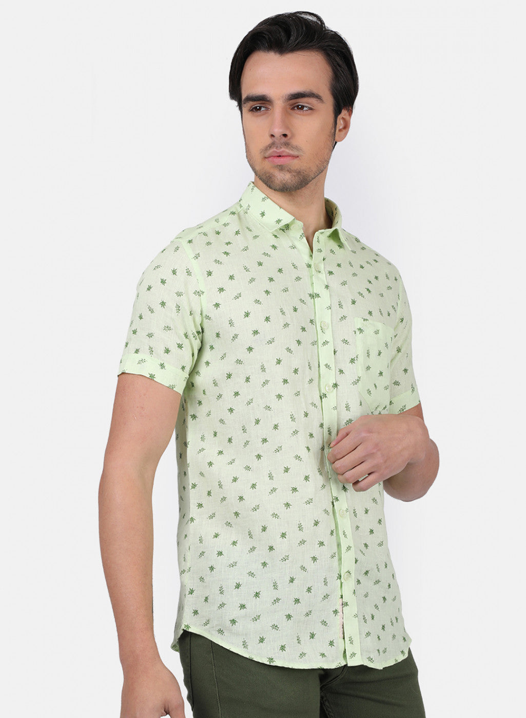 Men Green Printed Linen Shirt