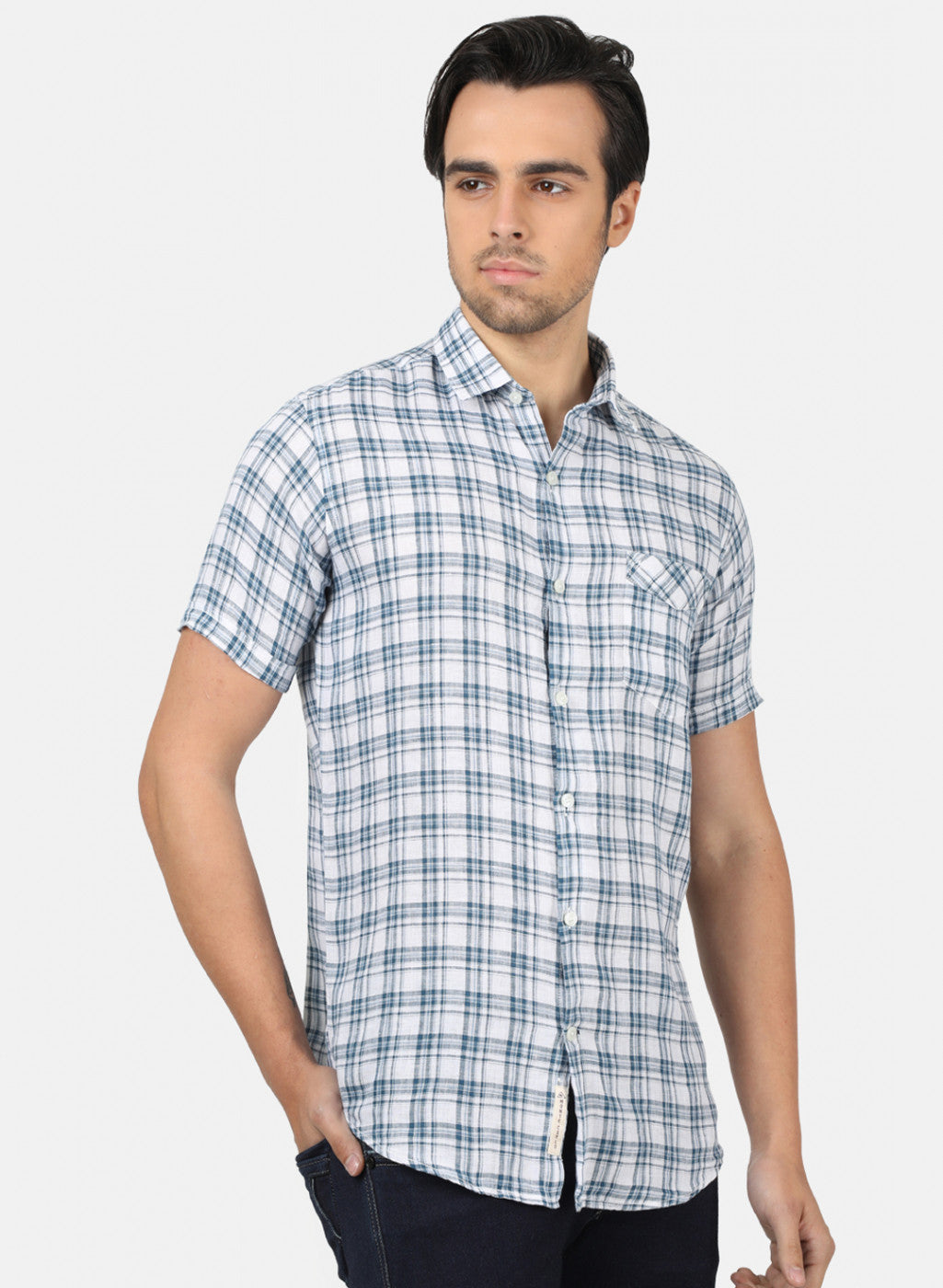 Men Blue Check Linen Shirt