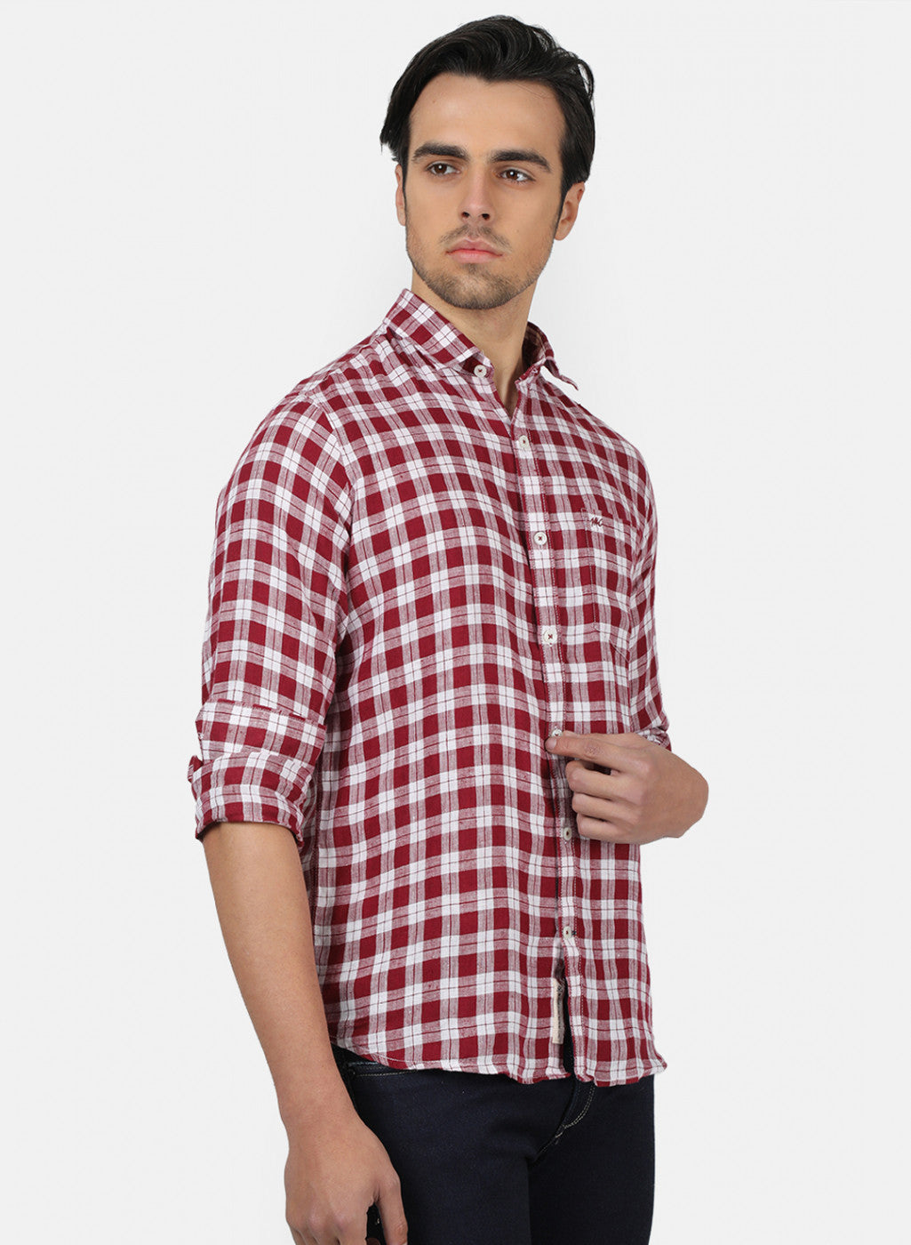 Men Maroon Check Linen Shirt