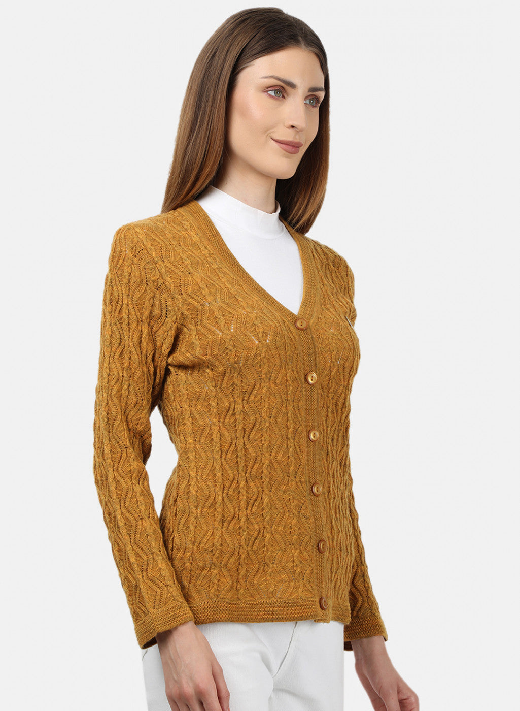 Women Yellow Self Design Cardigan