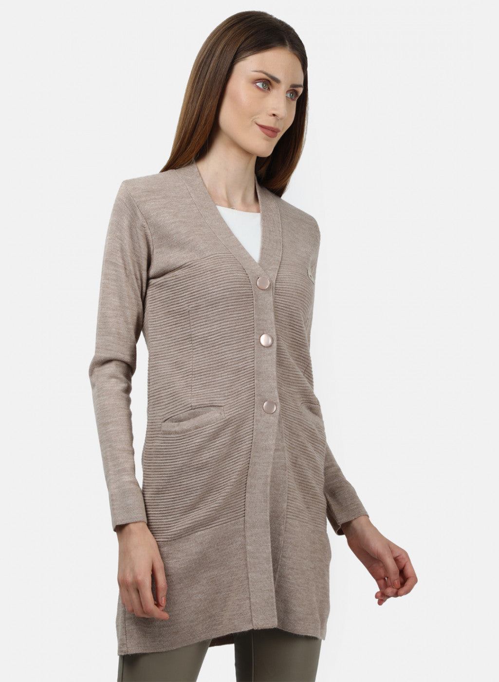 Women Beige Self Design Cardigan