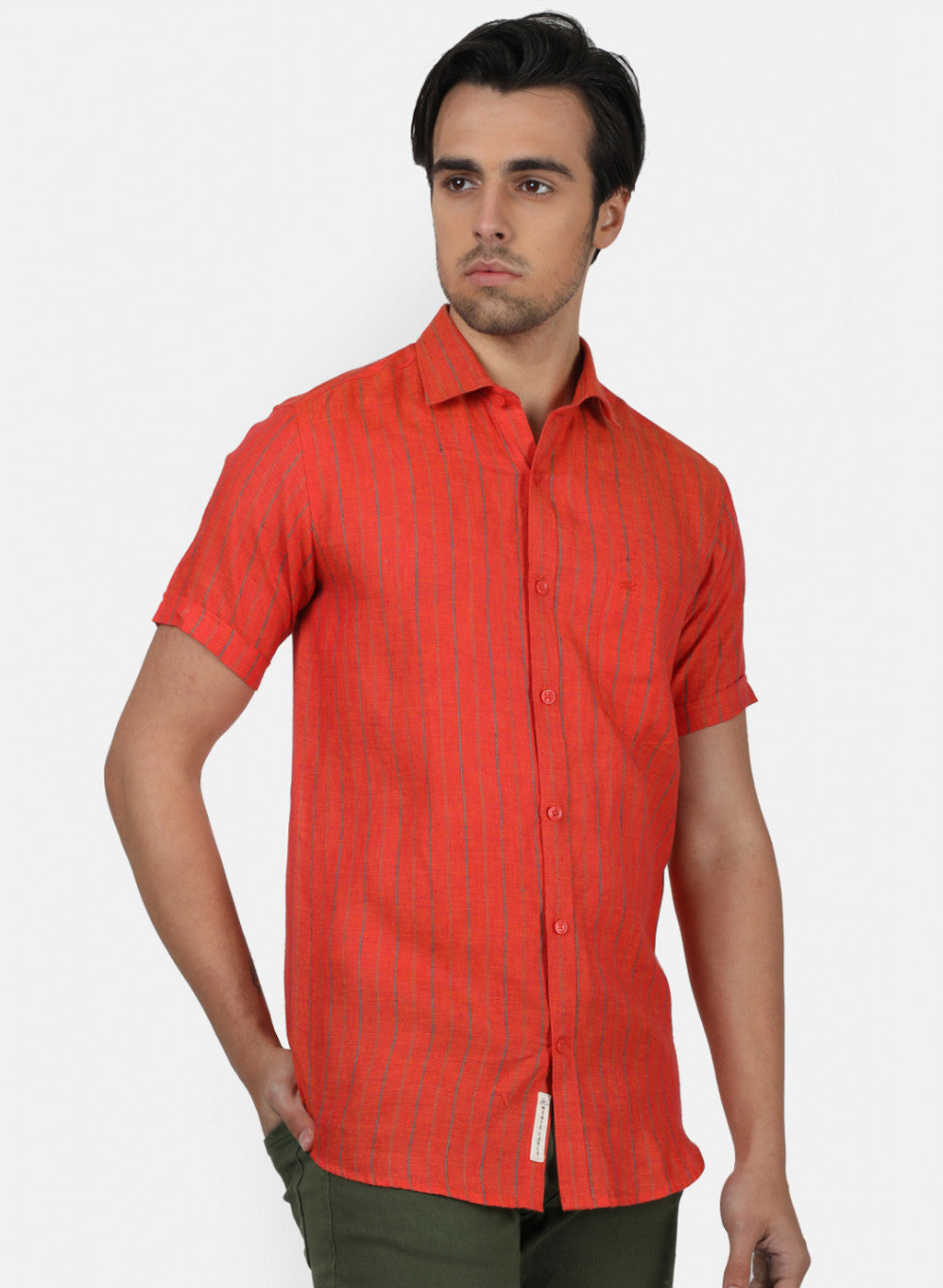 Men Red Stripe Linen Shirt