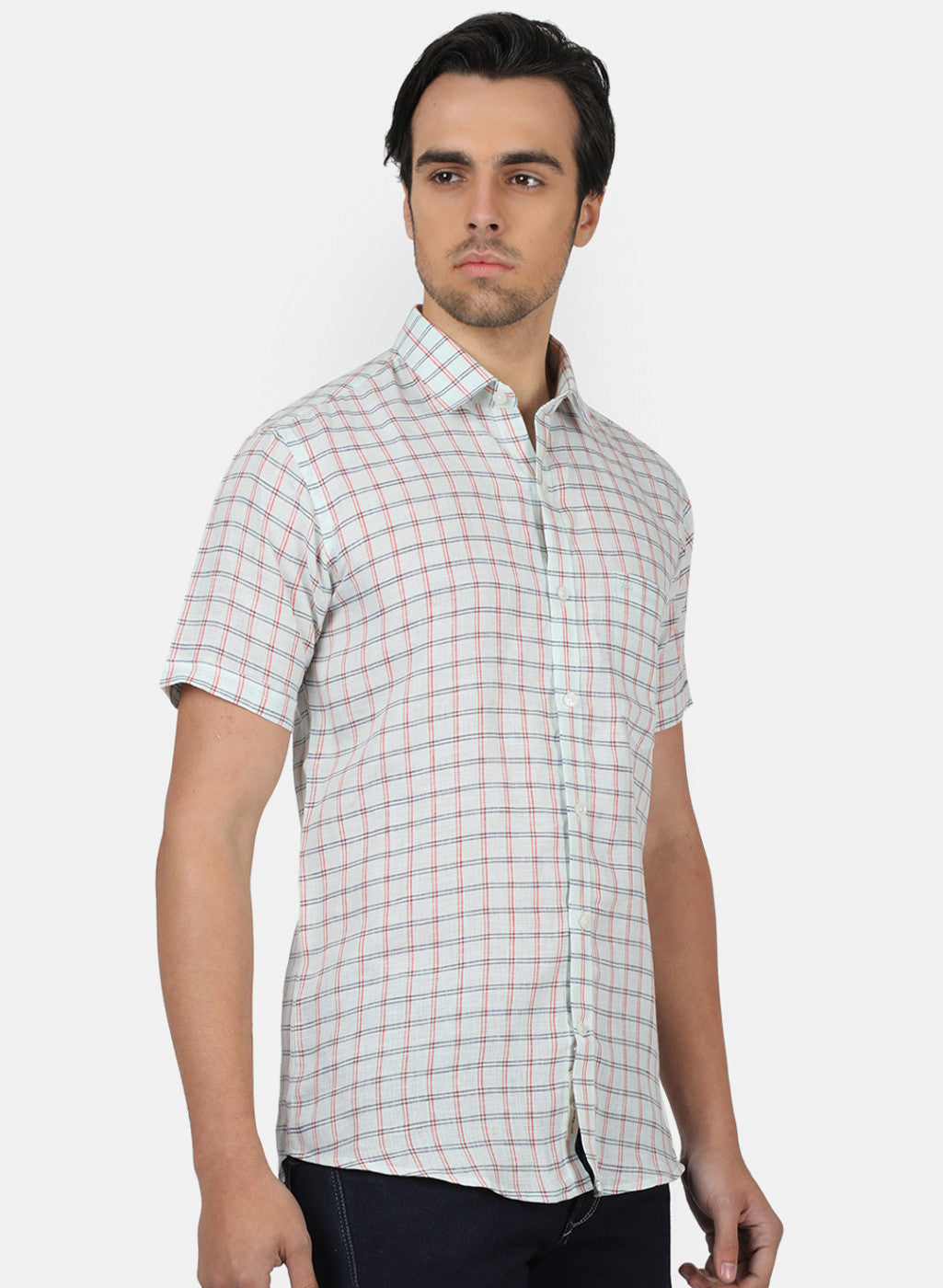 Men Light Green Check Linen Shirt