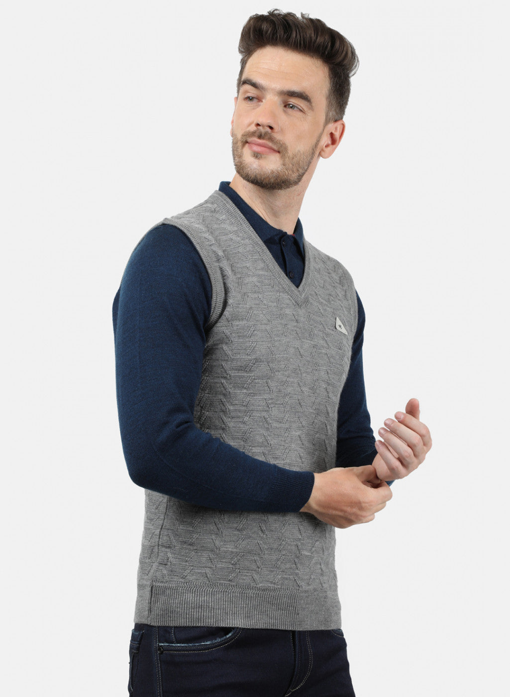 Men Grey Self Sweater