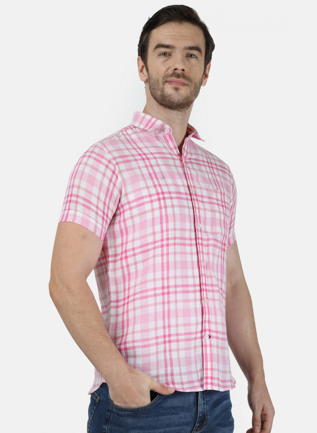 Mens Pink Check Linen Shirt