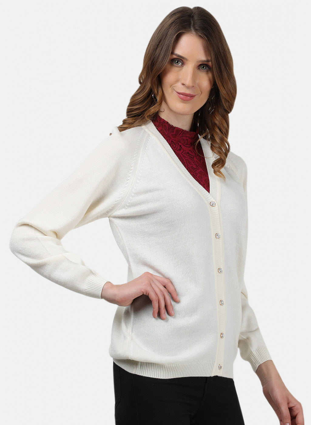 Women Off White Solid Cardigan