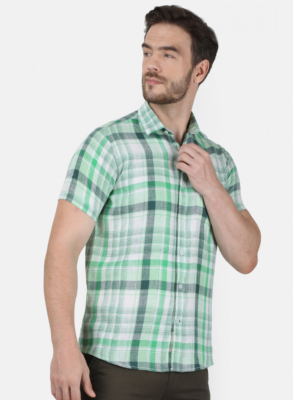 Mens Green Check Linen Shirt