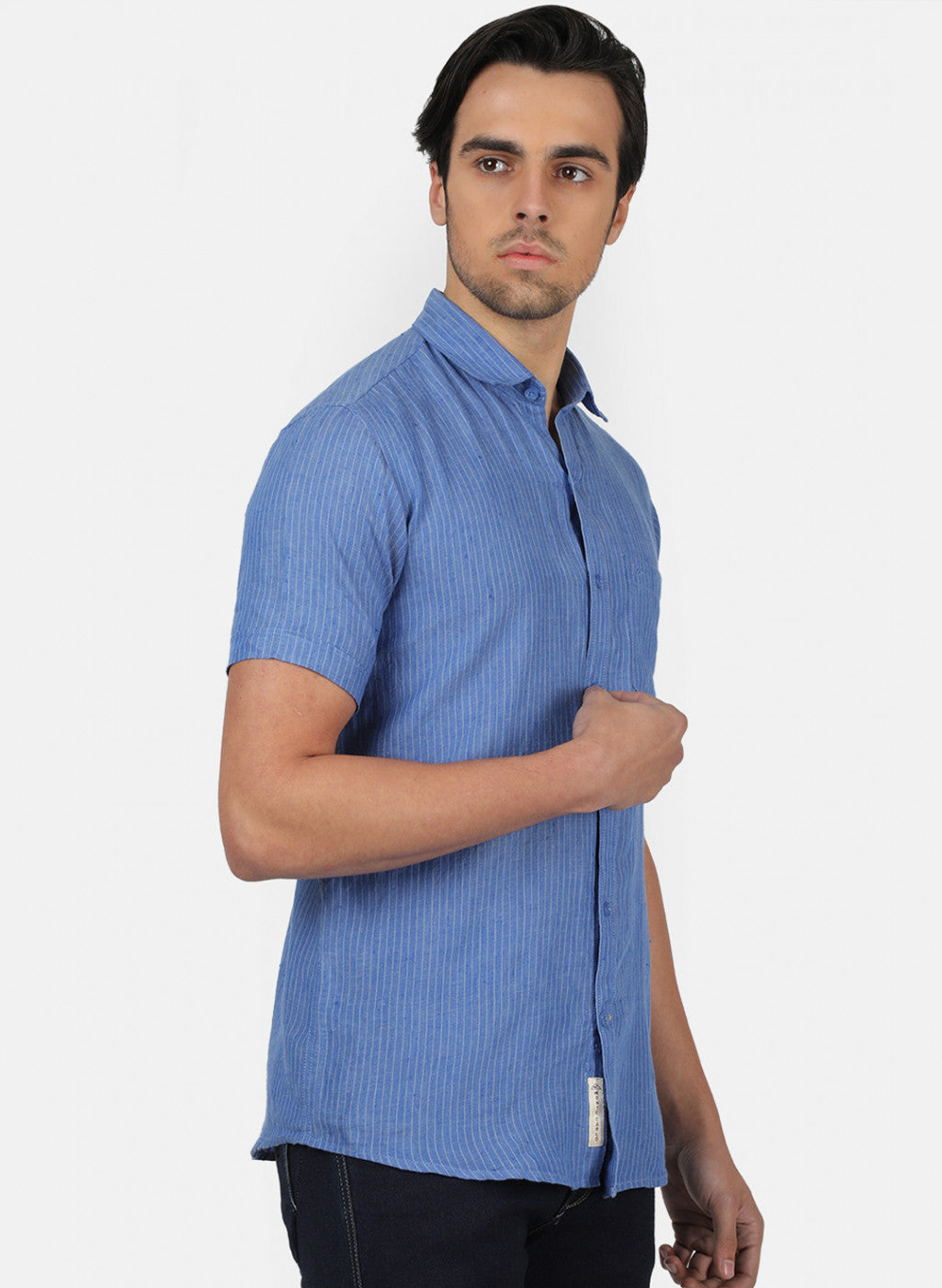 Men Blue Stripe Linen Shirt