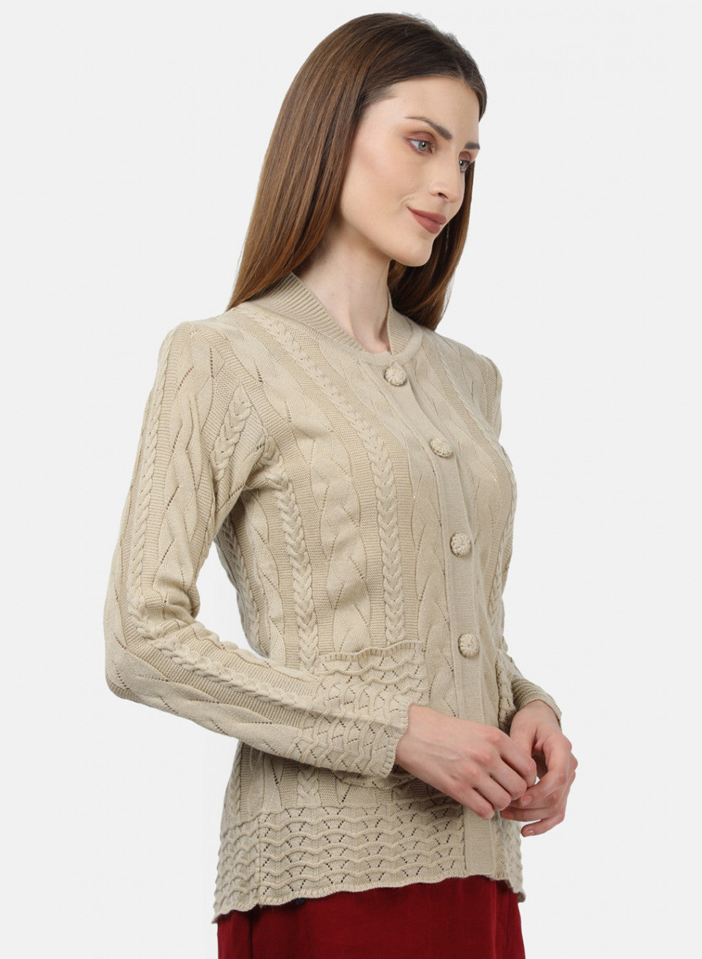 Women Beige Self Design Cardigan