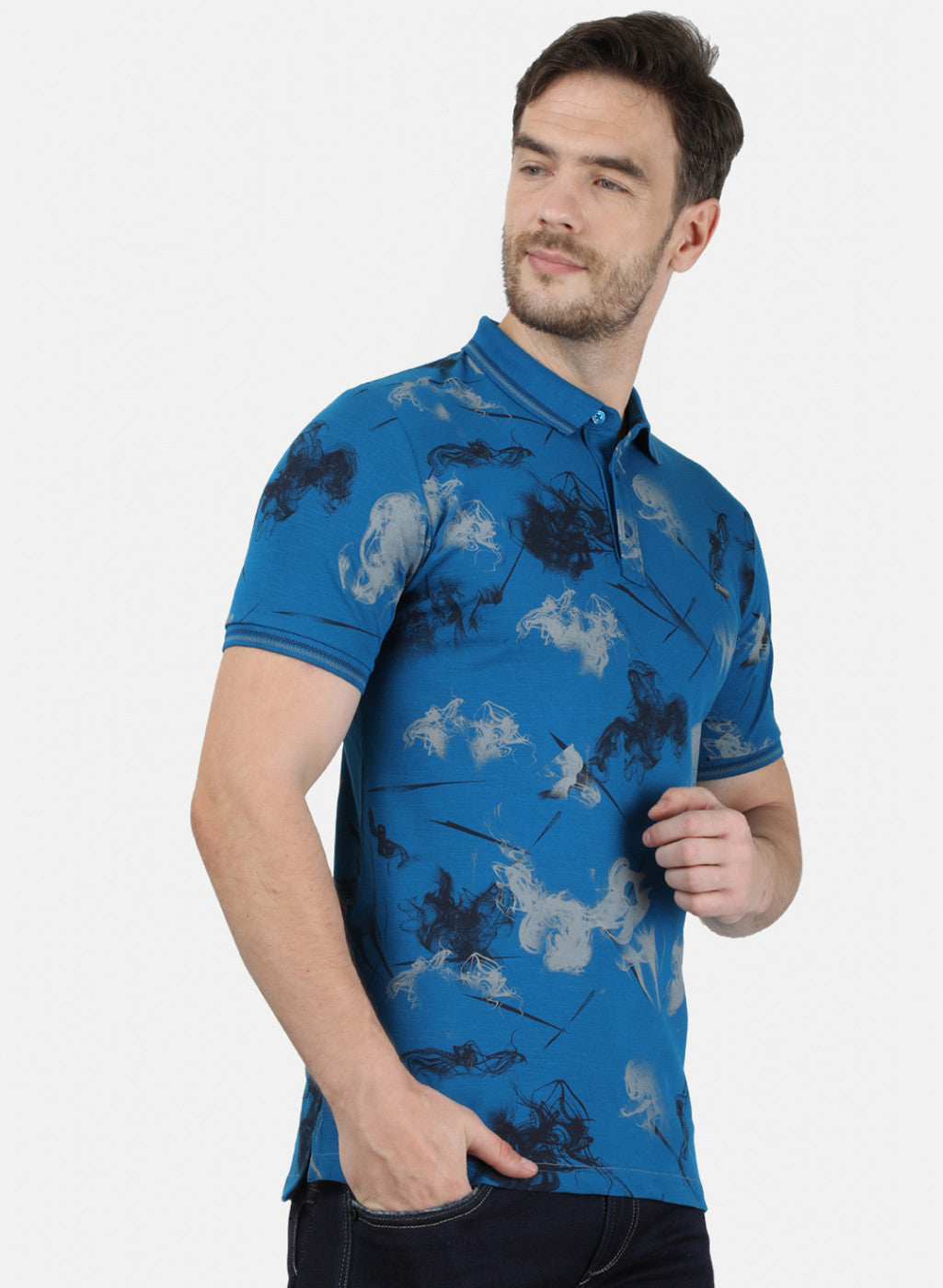 Mens Blue Printed Collar T-Shirts
