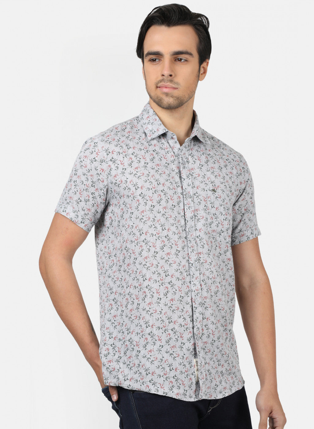 Men Grey Printed Linen Shirt