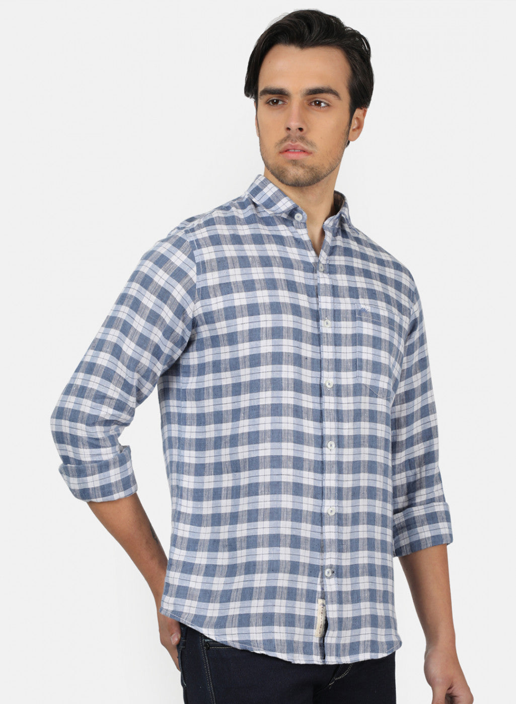 Men Blue Check Linen Shirt