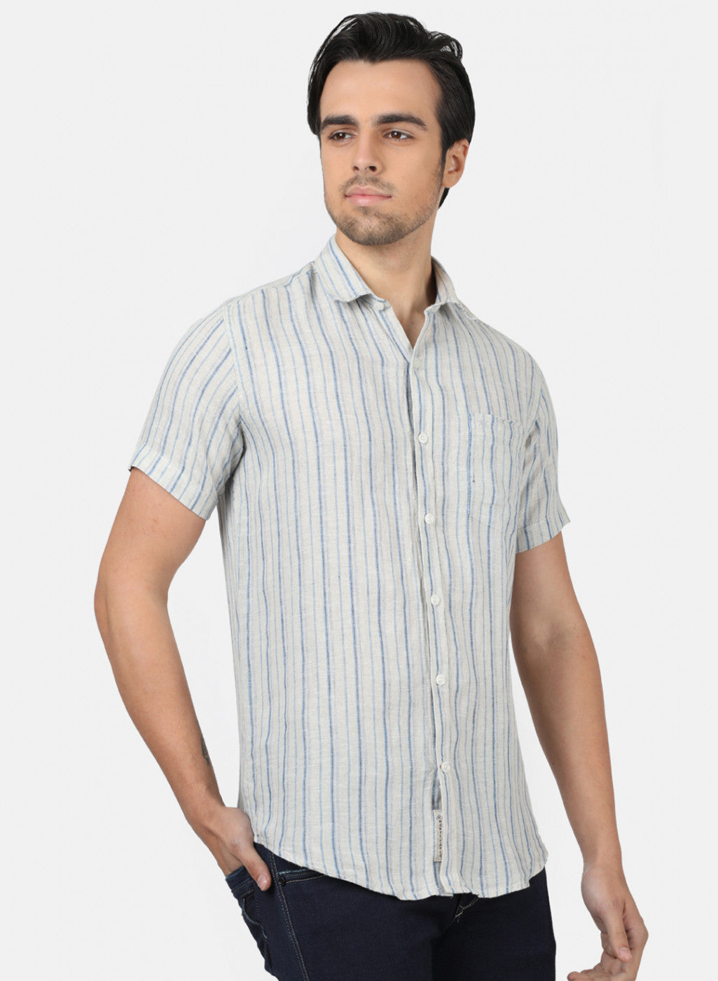 Men Off White Stripe Linen Shirt