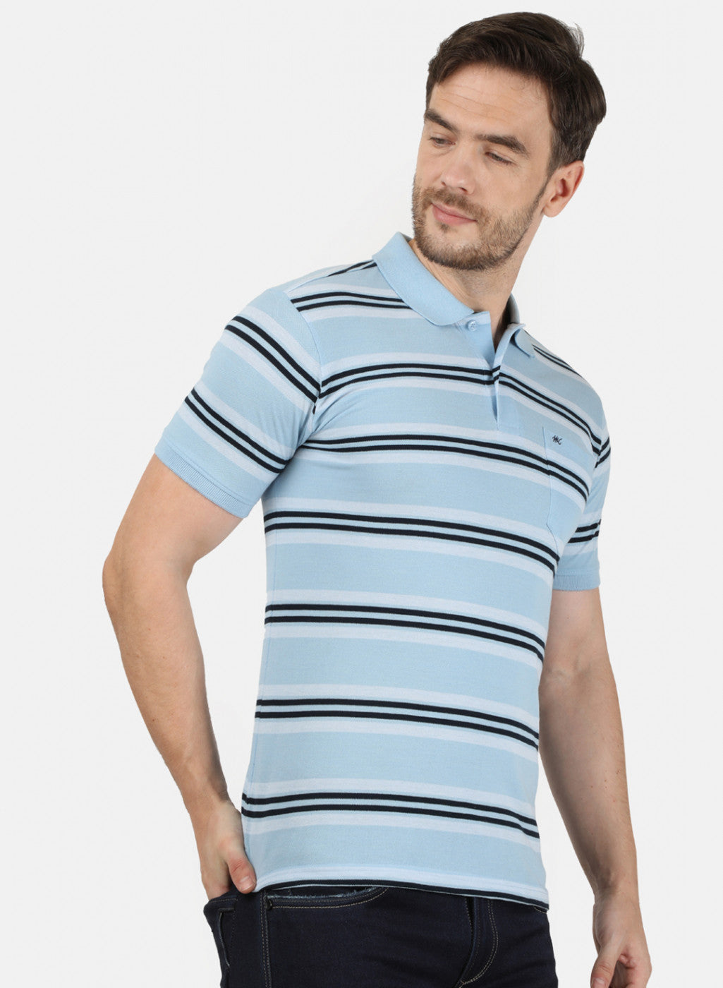 Mens Sky Blue Stripe Collar T-Shirts