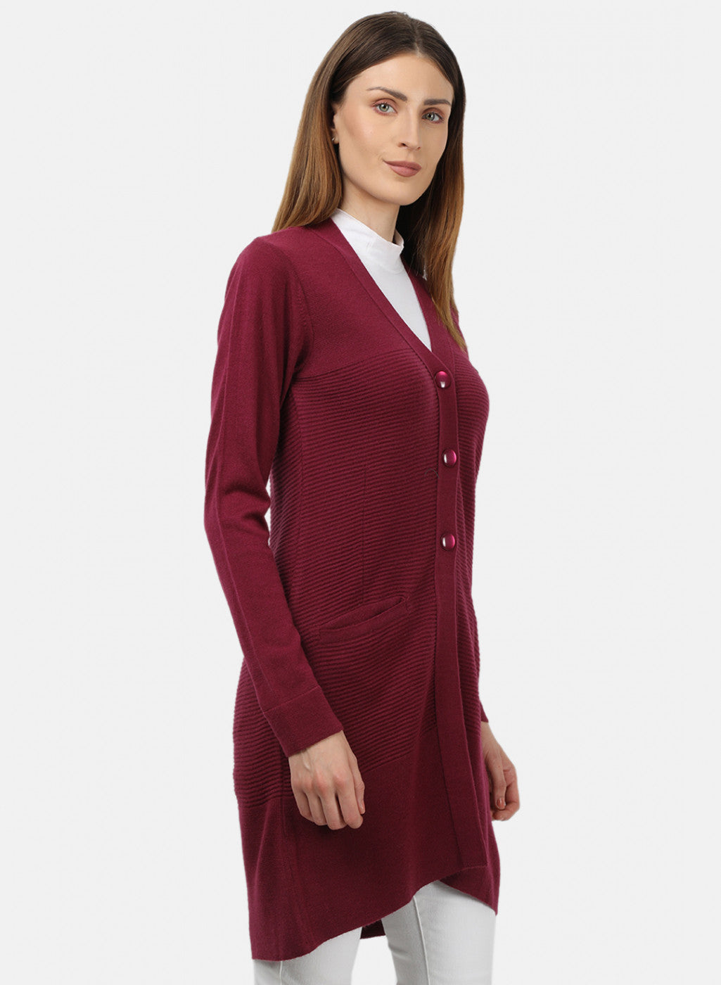 Women Maroon Self Design Cardigan