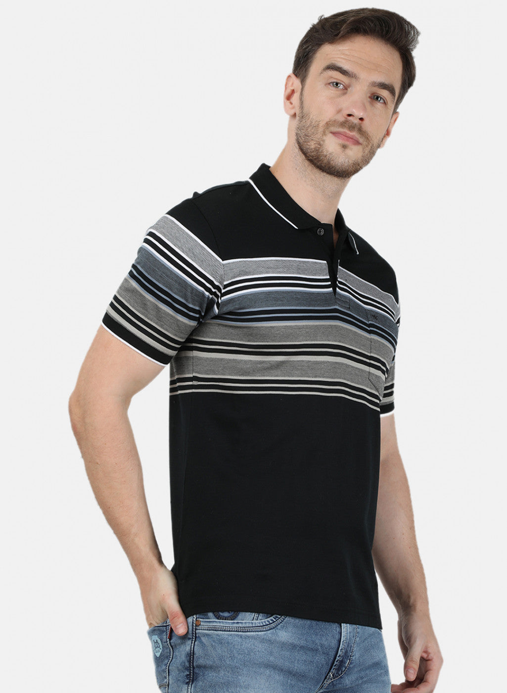 Mens Black Stripe Collar T-Shirts
