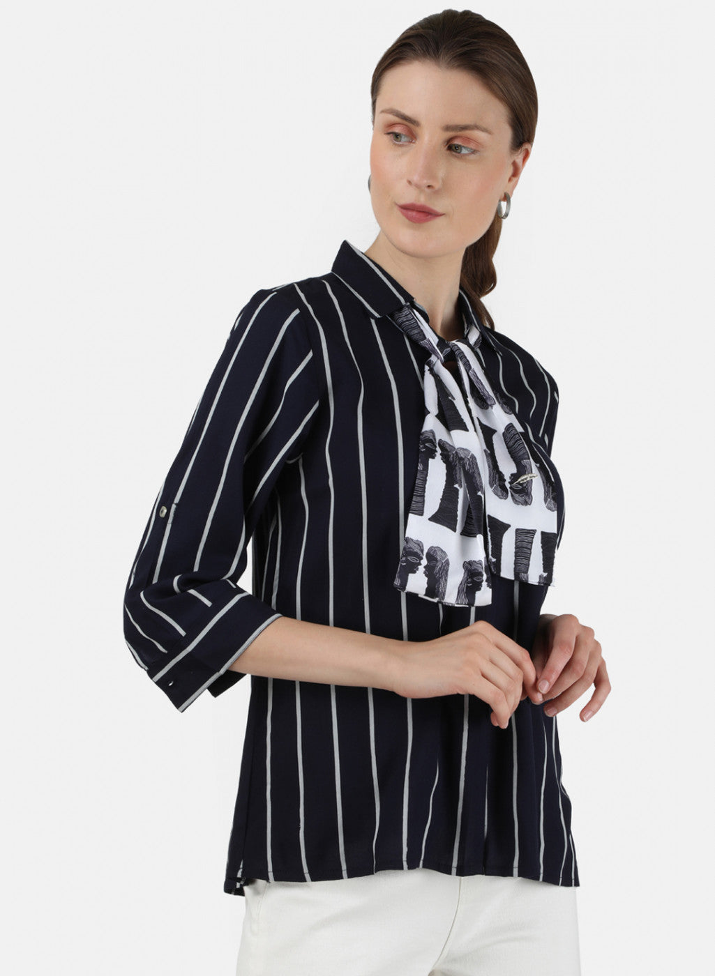 Womens Navy Blue & White Printed Top